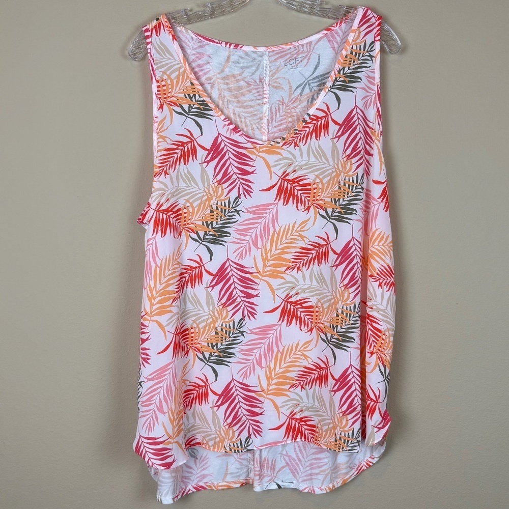 NWT LOFT White Tank Top with Pink, Orange & Green Leaf Print